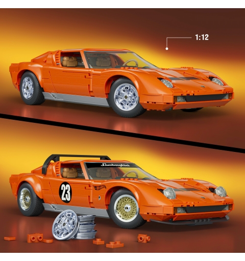 Mattel Brick Shop Hot Wheels ’71 Lamborghini Miura P400 SV Bauspielzeugset (1523 Teile), für Sammler