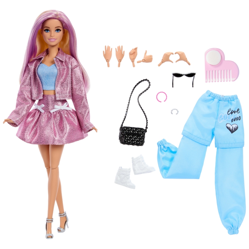 Barbie Muñeca Deluxe Style con 4 conjuntos, 4 accesorios, 4 manos intercambiables y pelo que cambia de color