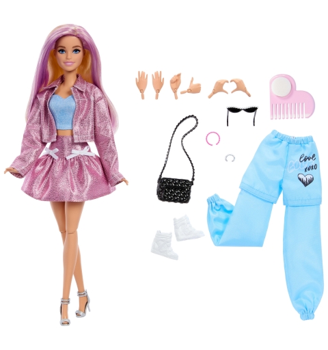 Barbie Muñeca Deluxe Style con 4 conjuntos, 4 accesorios, 4 manos intercambiables y pelo que cambia de color